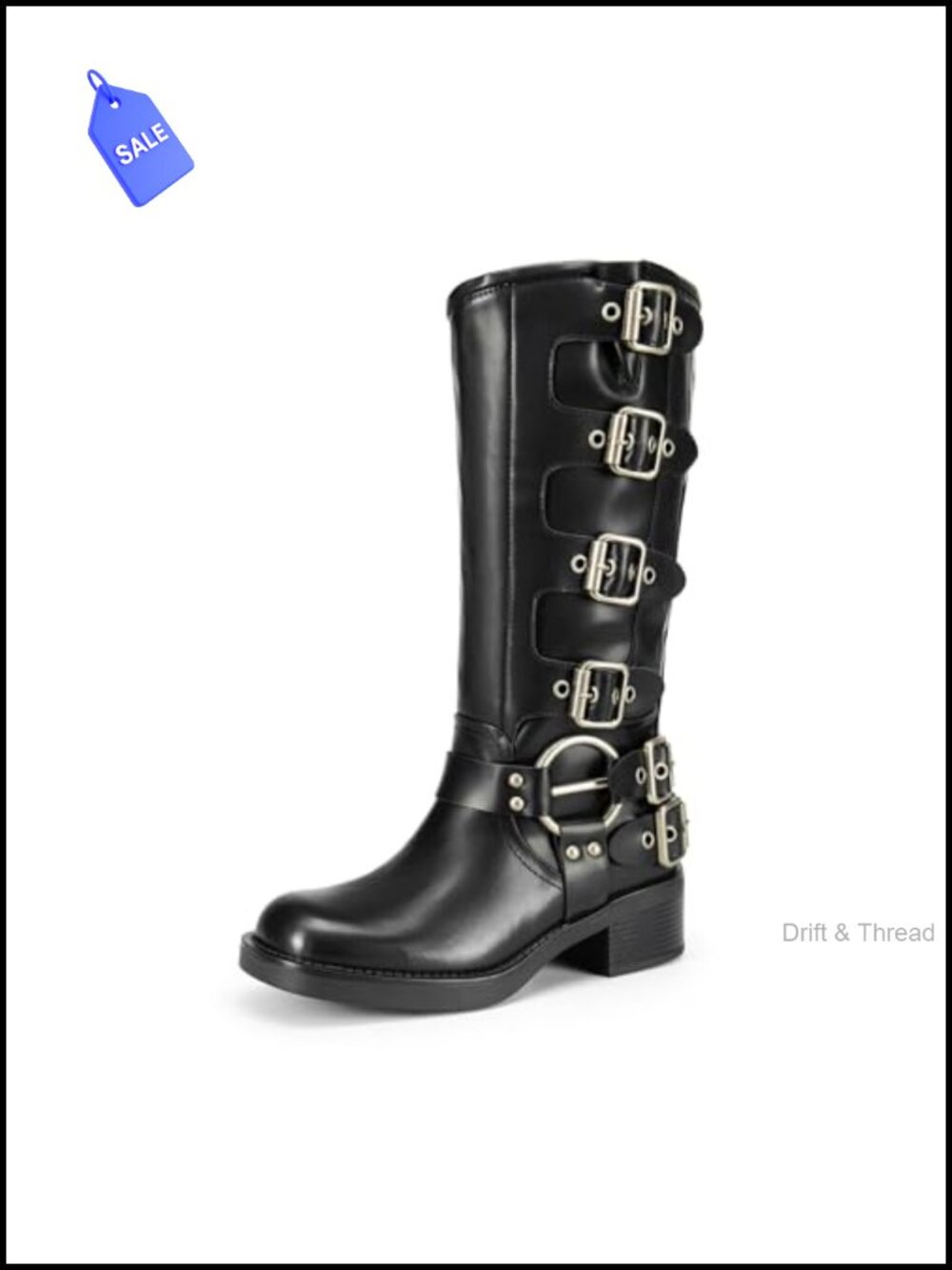 Women's Knee High Moto Boots with Buckle Straps Square Toe Block Heel